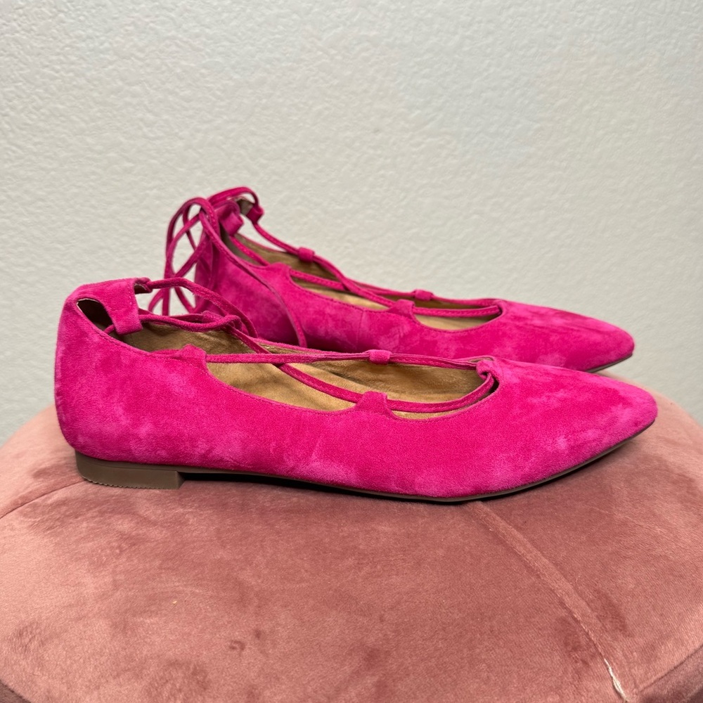 Vionic Women’s Lucinda Pink Suede Lace-Up‎ Pointed Toe Ballet Flats Size 7.5